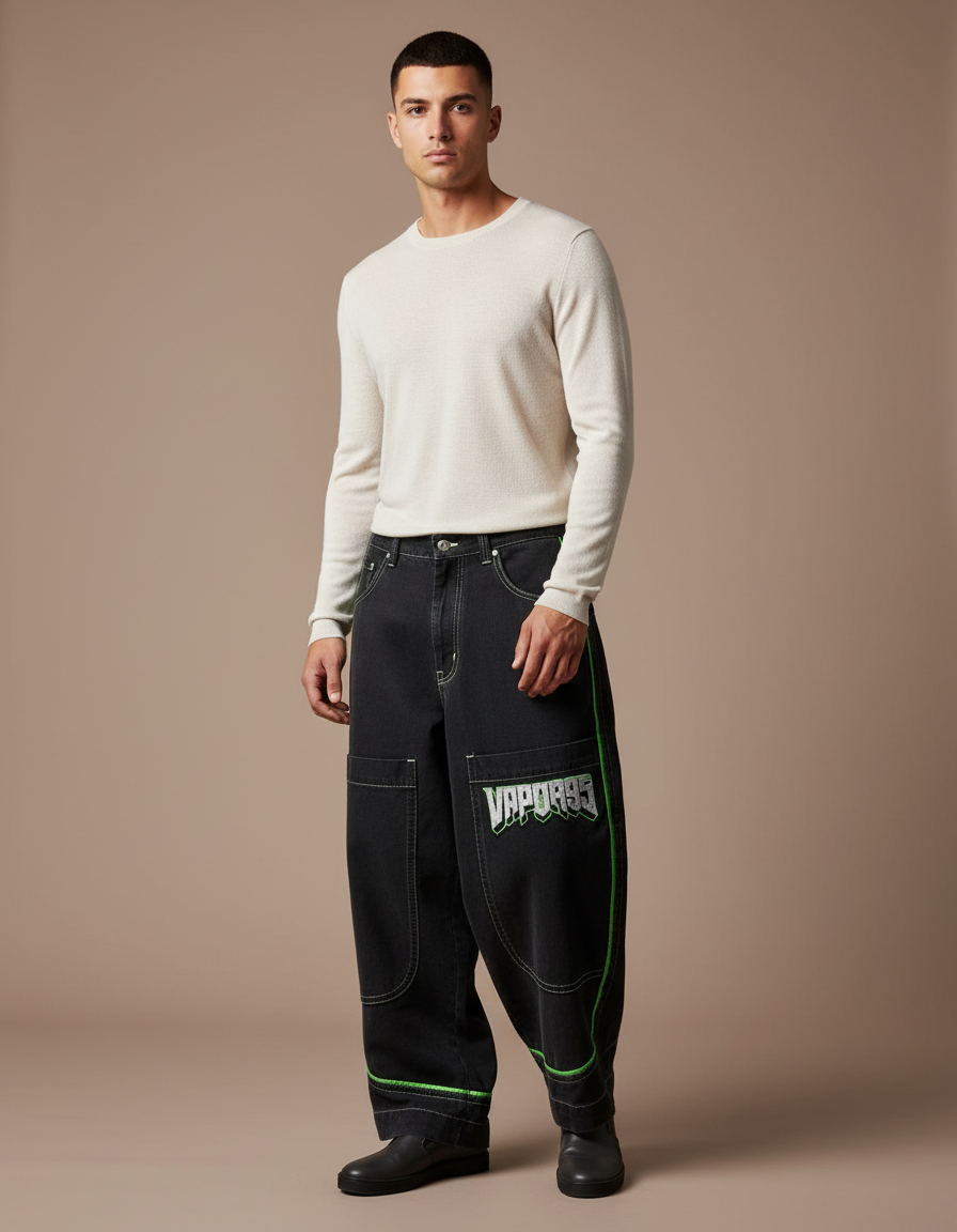 Pantalon Baggy Noir Ample Brodé Néon Streetwear Homme - Jean