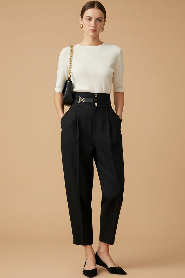 Pantalon Baggy Noir Taille Haute Plissé Décontracté Femme - Gabardine