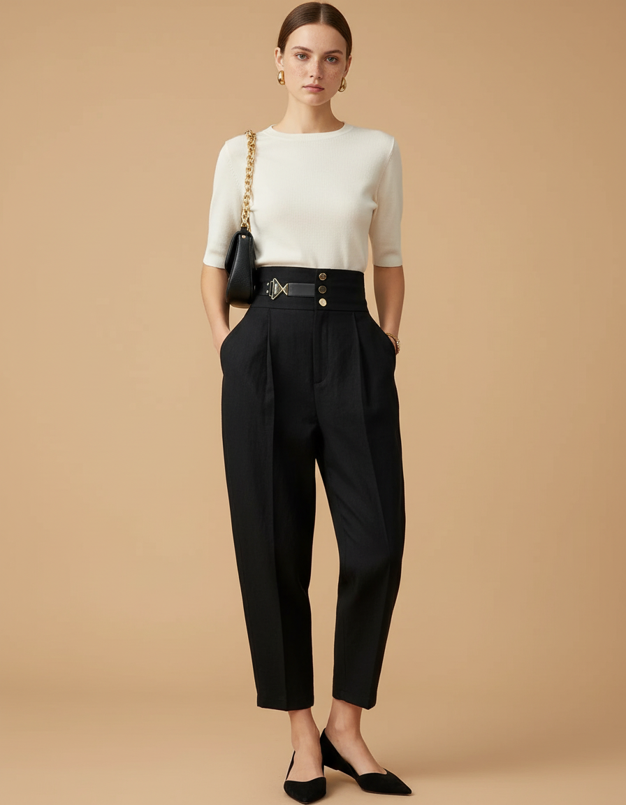 Pantalon Baggy Noir Taille Haute Plissé Décontracté Femme - Gabardine