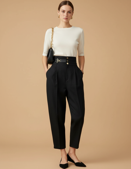 Pantalon Baggy Noir Taille Haute Plissé Décontracté Femme - Gabardine