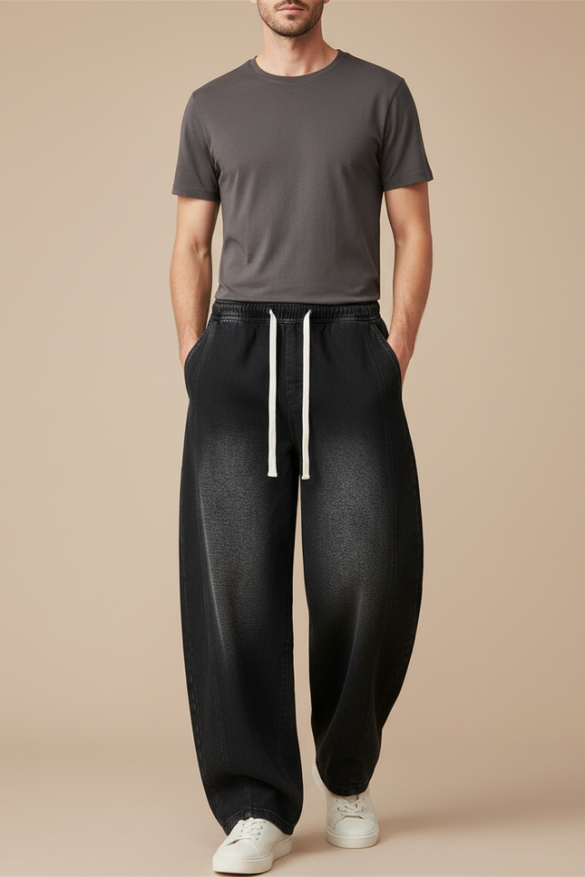 Pantalon Baggy Noir Ample Délavé Cordon Décontracté Homme - Jean