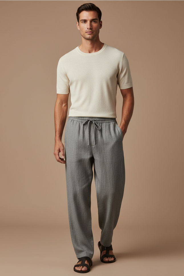 Pantalon Baggy Gris Ample Lin Décontracté Homme