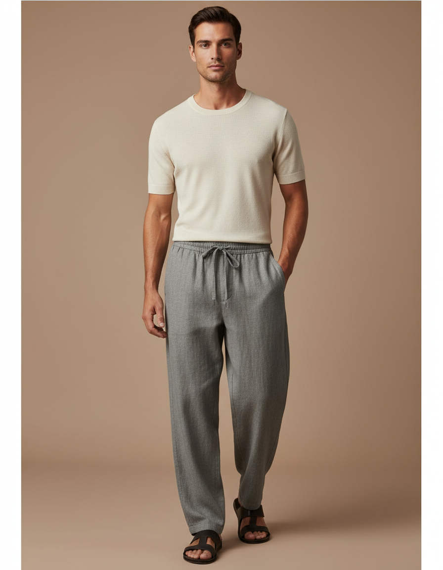 Pantalon Baggy Gris Ample Lin Décontracté Homme