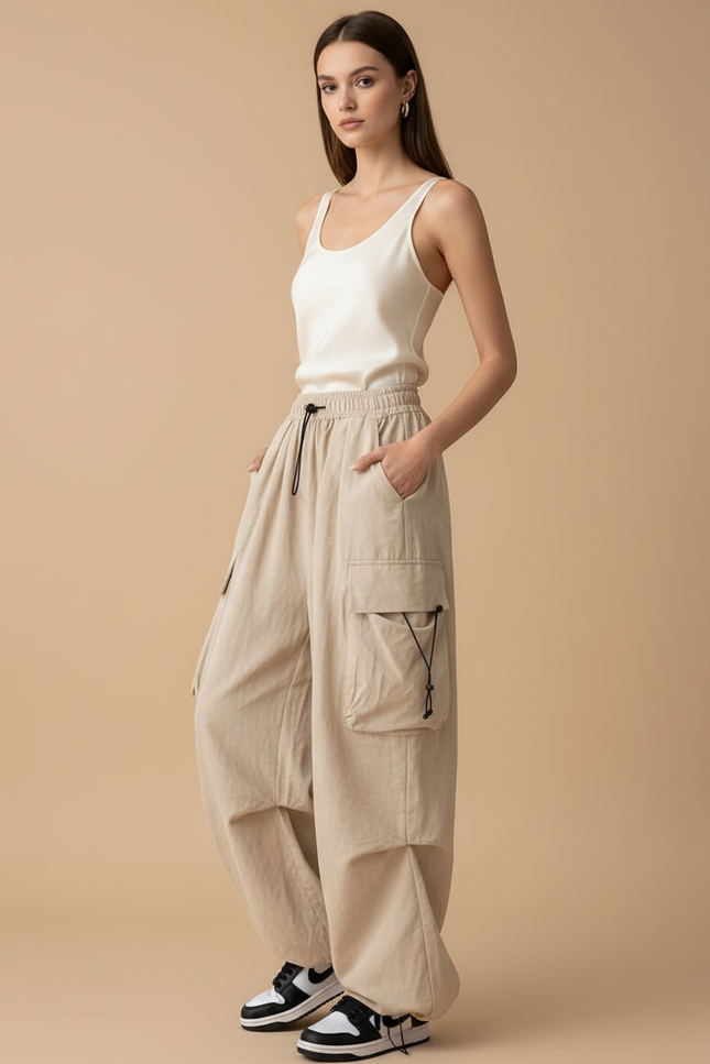 Pantalon Baggy Beige Cargo Ample Taille Haute - Toile