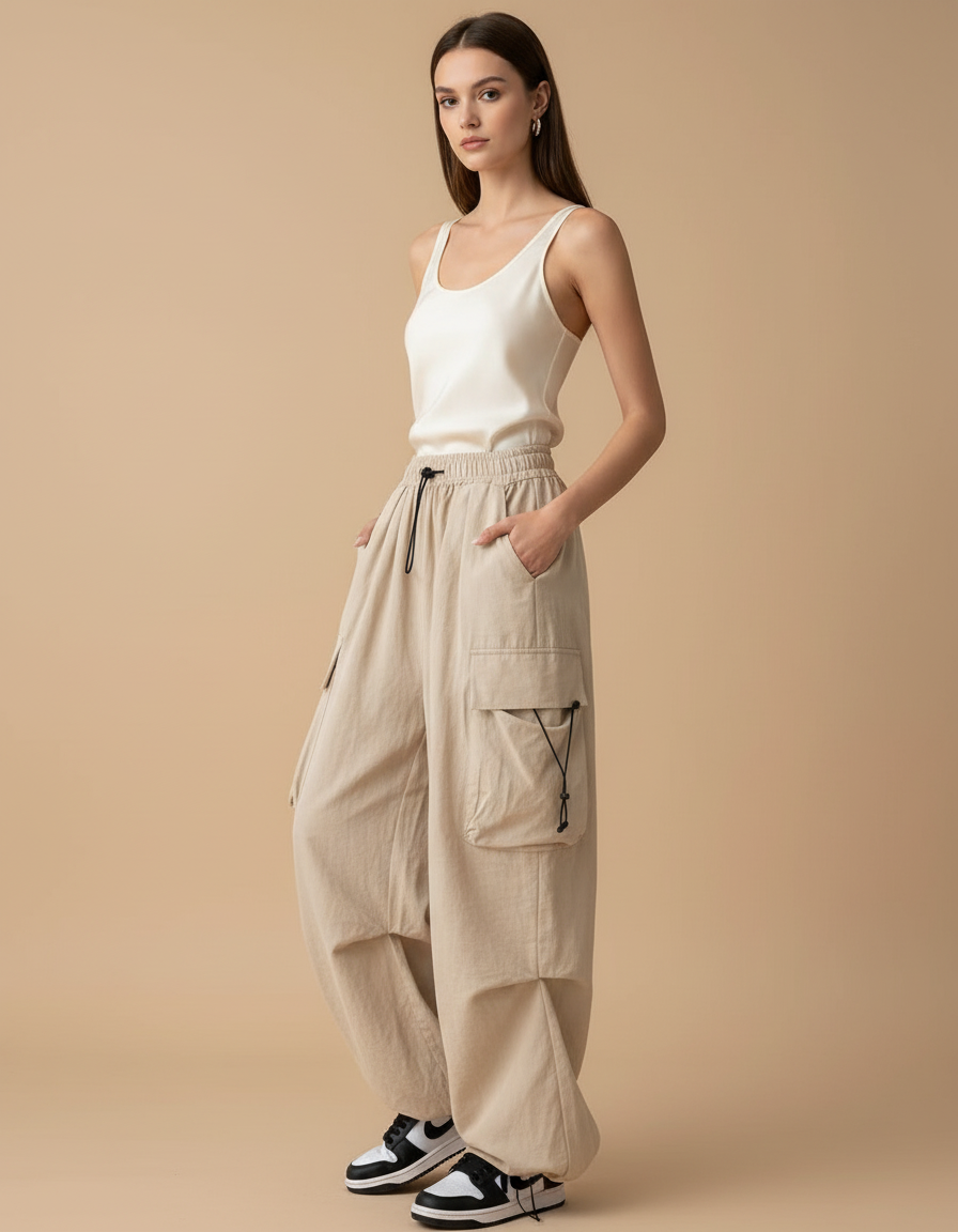 Pantalon Baggy Beige Cargo Ample Taille Haute - Toile