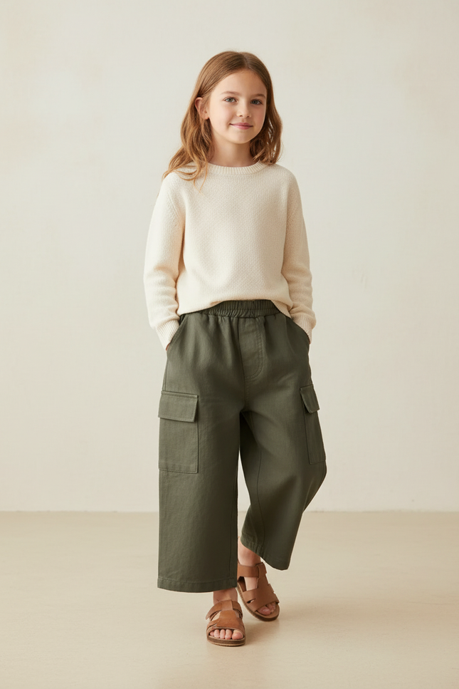 Pantalon Baggy Vert Kaki Cargo Ample Coton Enfant