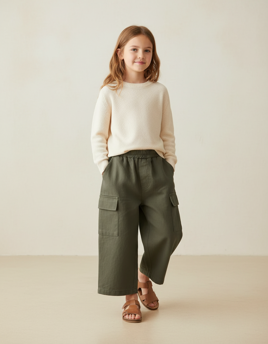 Pantalon Baggy Vert Kaki Cargo Ample Coton Enfant