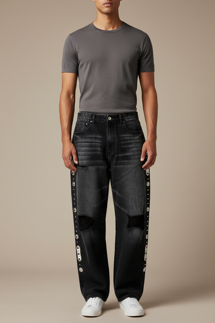 Pantalon Baggy Noir Délavé Droit Déchiré Strass Homme - Jean
