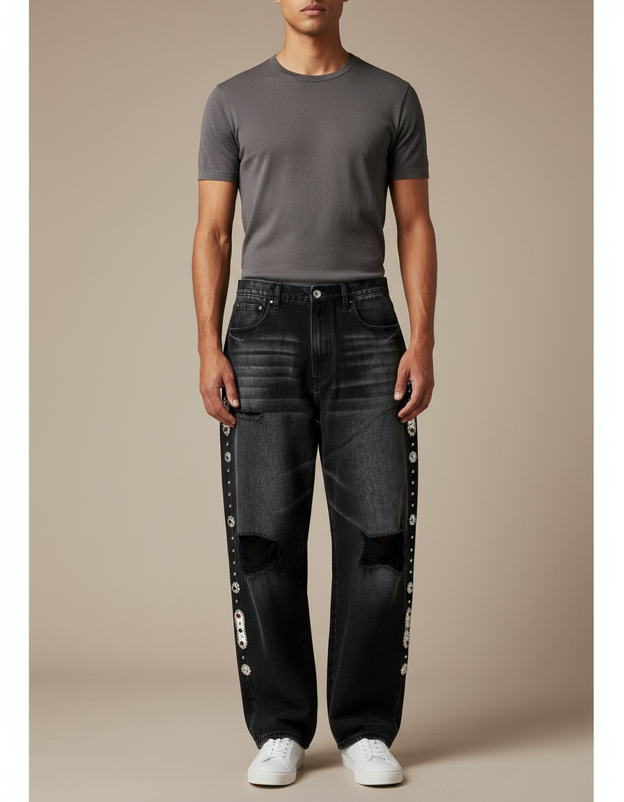 Pantalon Baggy Noir Délavé Droit Déchiré Strass Homme - Jean