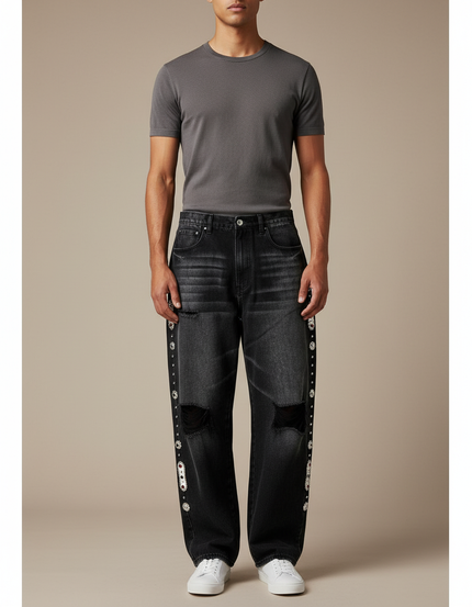 Pantalon Baggy Noir Délavé Droit Déchiré Strass Homme - Jean