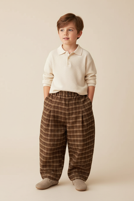 Pantalon Baggy Carreaux Marron Ample Plissé Enfant - Tweed