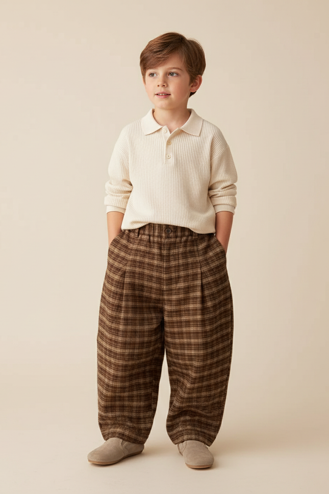 Pantalon Baggy Carreaux Marron Ample Plissé Enfant - Tweed