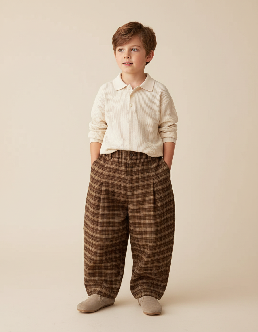Pantalon Baggy Carreaux Marron Ample Plissé Enfant - Tweed