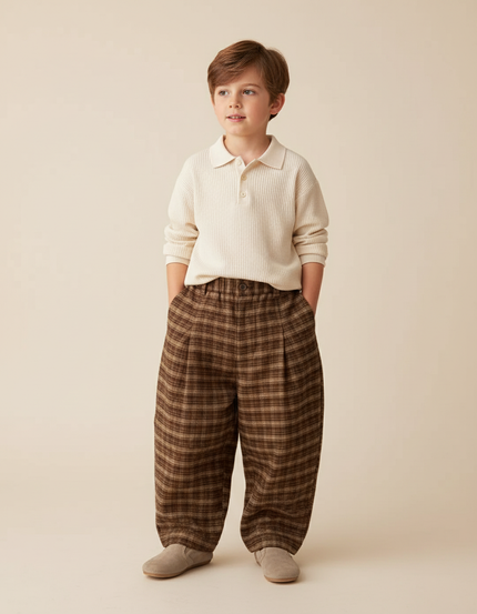 Pantalon Baggy Carreaux Marron Ample Plissé Enfant - Tweed