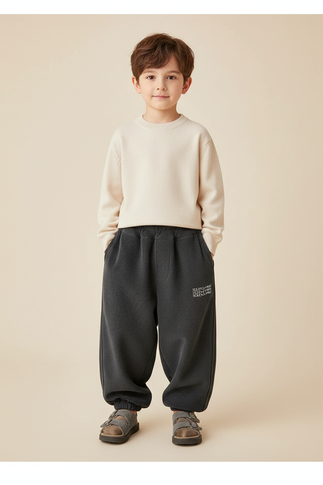 Pantalon Baggy Velours Côtelé Gris Ample Enfant Décontracté - Cordé