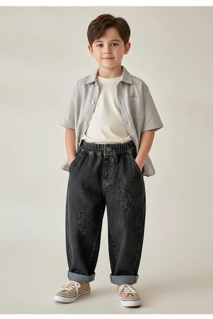 Pantalon Baggy Denim Noir Ample Enfant Décontracté - Jean
