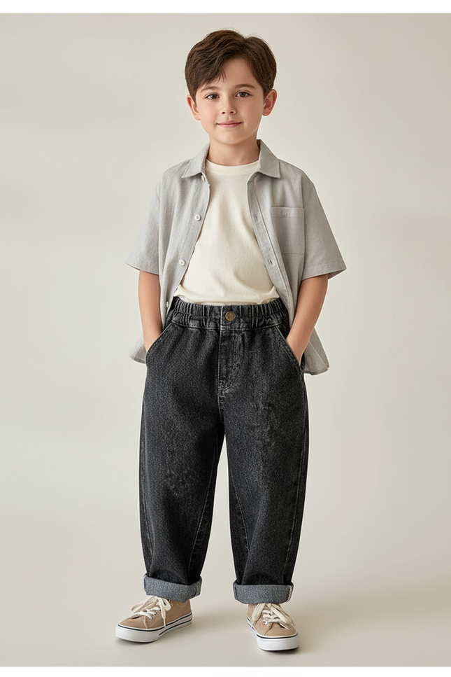 Pantalon Baggy Denim Noir Ample Enfant Décontracté - Jean