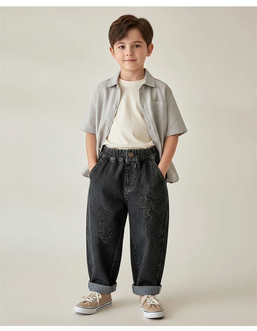Pantalon Baggy Denim Noir Ample Enfant Décontracté - Jean