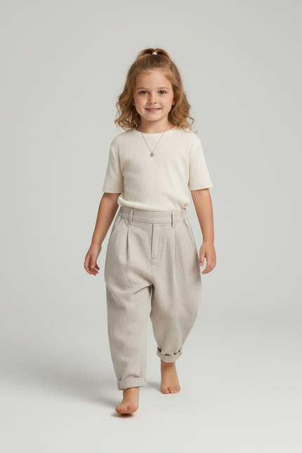 Pantalon Baggy Beige Plissé Ample Lin Enfant