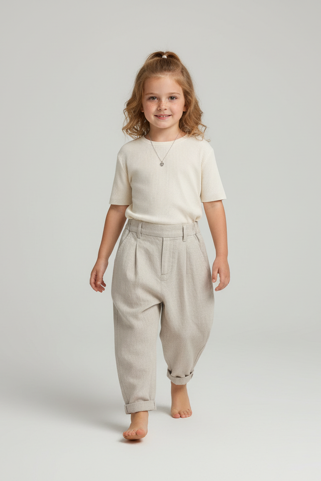 Pantalon Baggy Beige Plissé Ample Lin Enfant