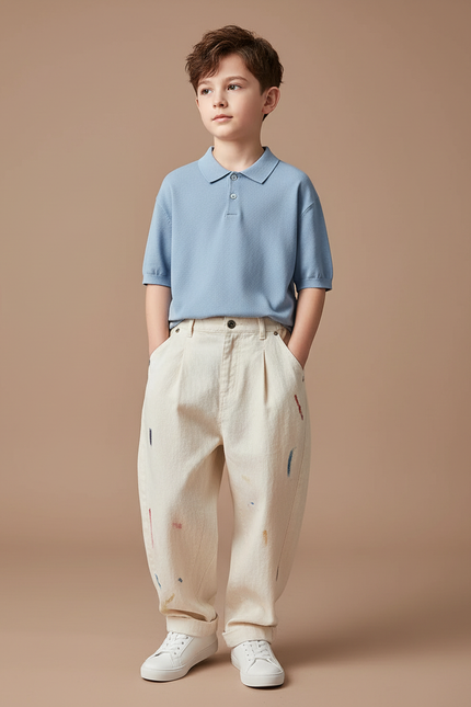 Pantalon Baggy Coton Ample Décontracté Peinture Enfant - Beige Toile