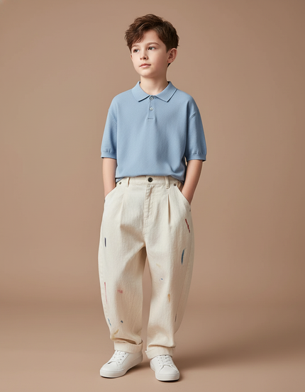 Pantalon Baggy Coton Ample Décontracté Peinture Enfant - Beige Toile
