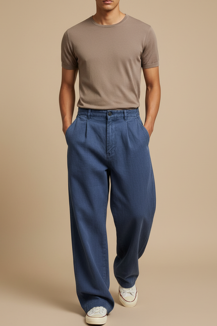 Pantalon Baggy Bleu Jean Ample Décontracté Plissé Homme