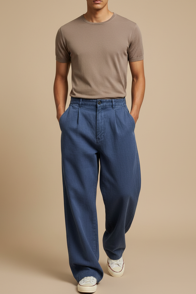 Pantalon Baggy Bleu Jean Ample Décontracté Plissé Homme