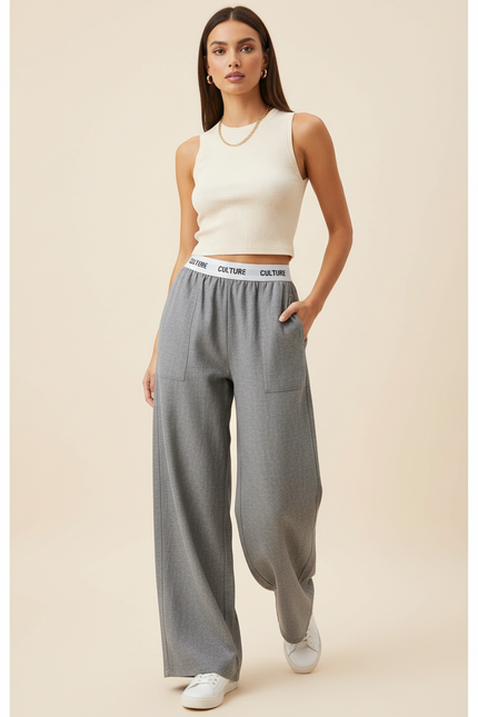 Pantalon Baggy Gris Ample Taille Haute Décontracté - Maille