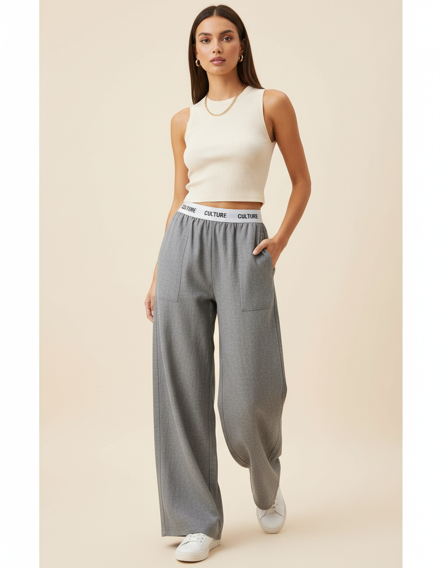 Pantalon Baggy Gris Ample Taille Haute Décontracté - Maille