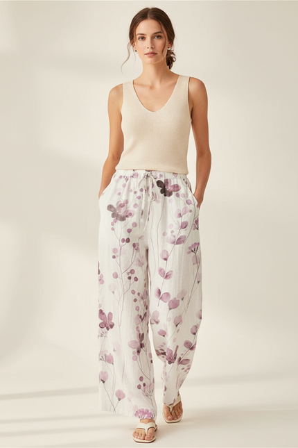 Pantalon Baggy Blanc Fleuri Ample Lin Décontracté - Imprimé