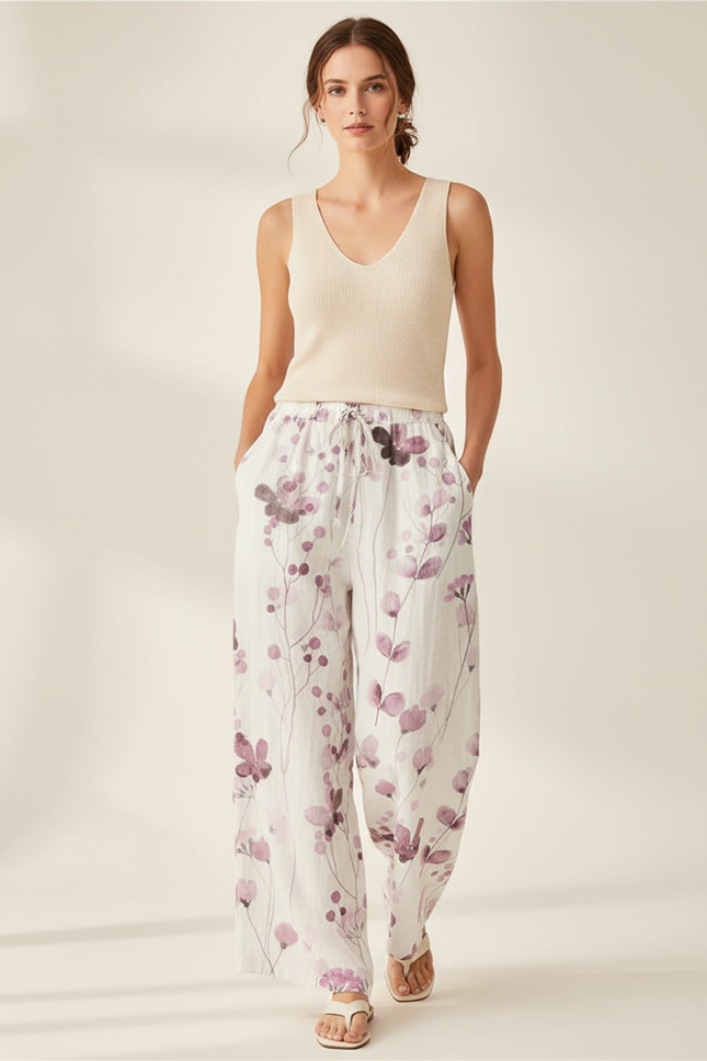 Pantalon Baggy Blanc Fleuri Ample Lin Décontracté - Imprimé
