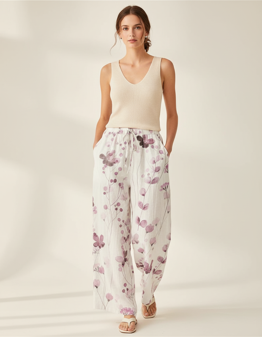 Pantalon Baggy Blanc Fleuri Ample Lin Décontracté - Imprimé