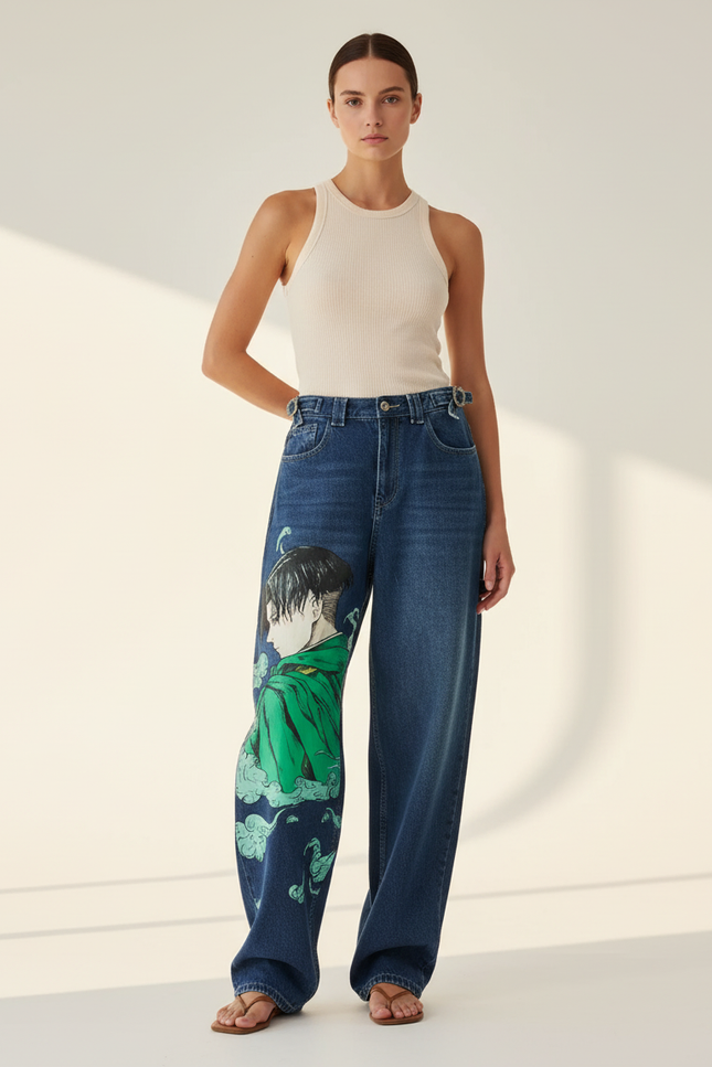 Pantalon Baggy Denim Bleu Ample Imprimé Manga Anime - Jean