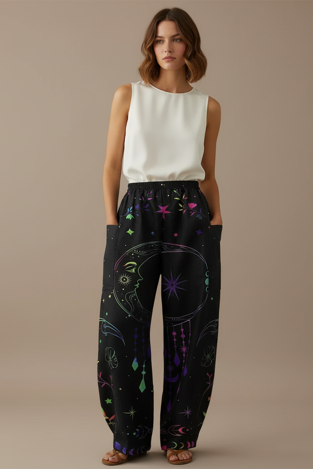 Pantalon Baggy Noir Ample Imprimé Lune Étoiles Fluide - Viscose