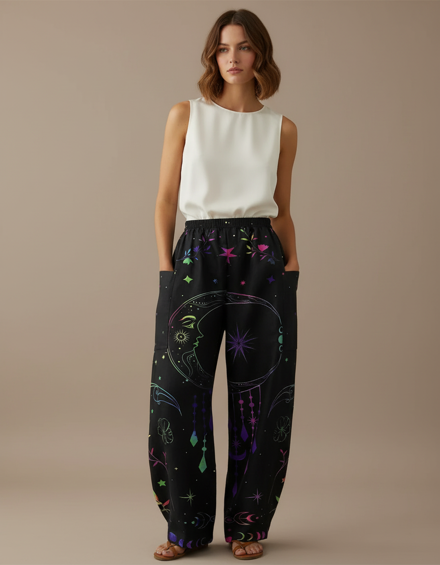 Pantalon Baggy Noir Ample Imprimé Lune Étoiles Fluide - Viscose