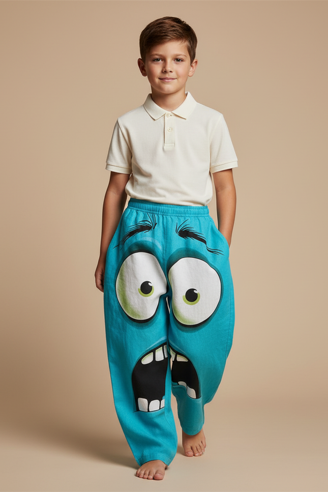 Pantalon Baggy Bleu Monstre Ample Décontracté Enfant - Lin