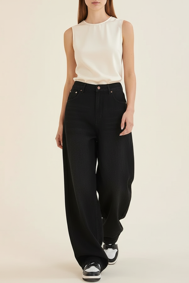 Pantalon Baggy Noir Denim Ample Taille Haute Femme - Jean