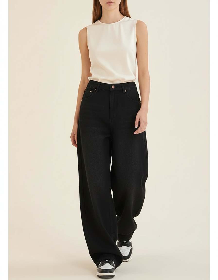 Pantalon Baggy Noir Denim Ample Taille Haute Femme - Jean