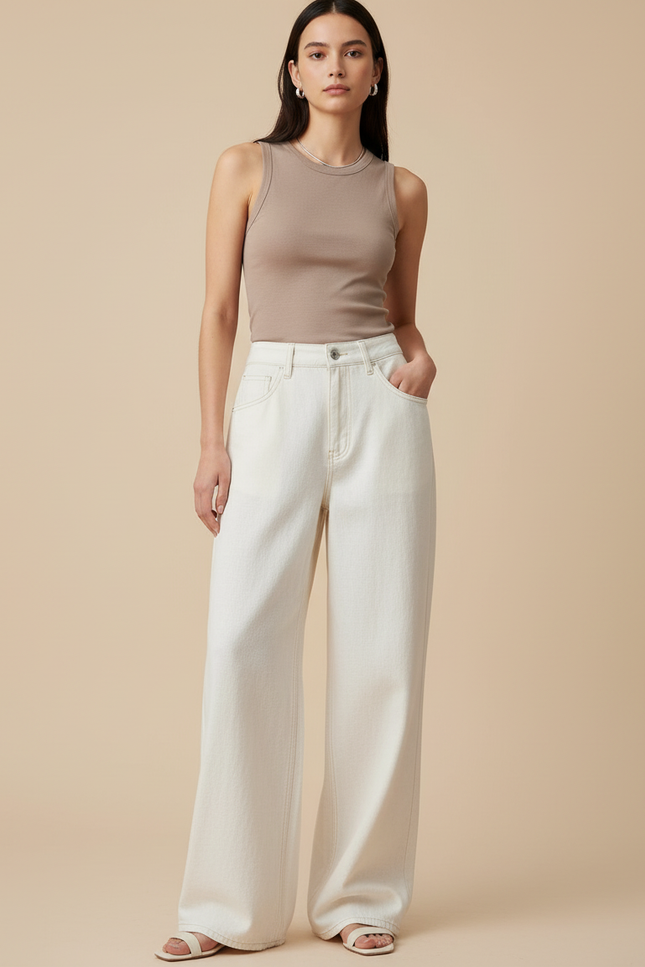 Pantalon Baggy Blanc Cassé Ample Taille Haute Femme - Jean