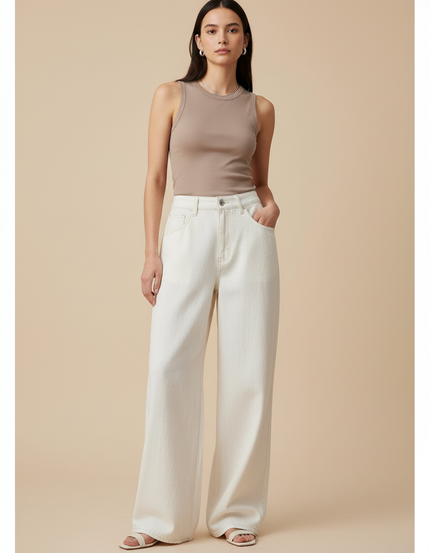 Pantalon Baggy Blanc Cassé Ample Taille Haute Femme - Jean