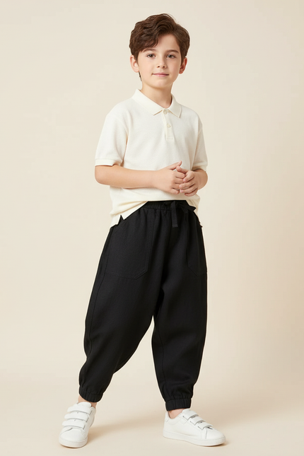 Pantalon Baggy Noir Coton Ample Élastique Garçon