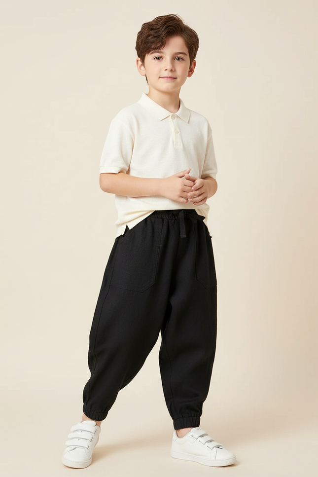 Pantalon Baggy Noir Coton Ample Élastique Garçon