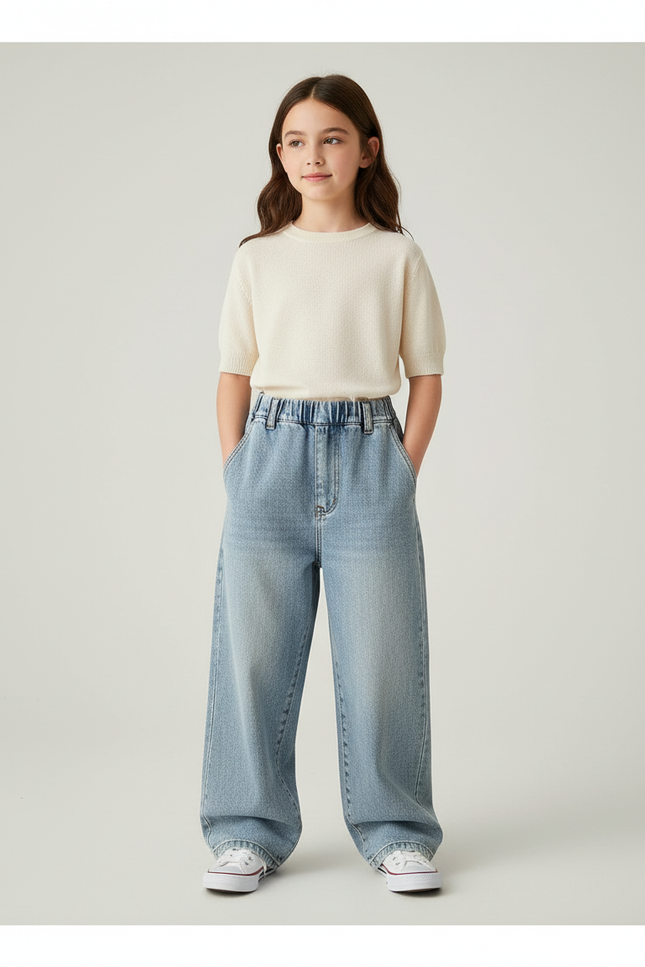 Pantalon Baggy Fille Bleu Taille Élastique Denim - Jean