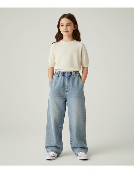 Pantalon Baggy Fille Bleu Taille Élastique Denim - Jean