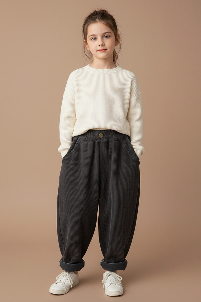 Pantalon Baggy Gris Côtelé Ample Décontracté Enfant Doux - Cordé