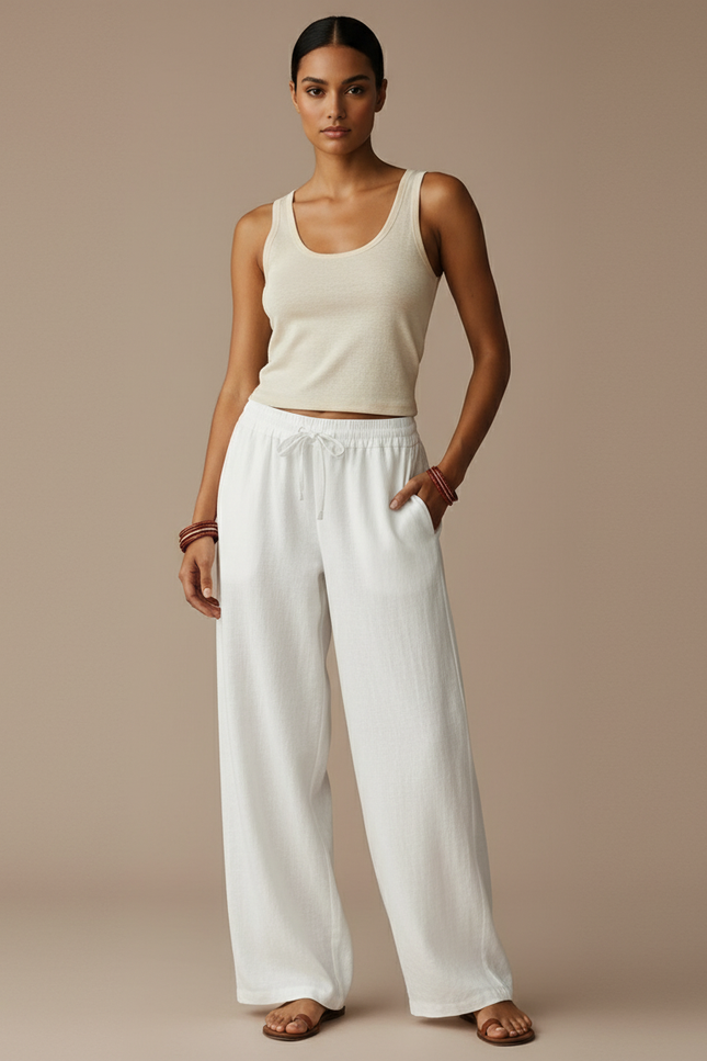 Pantalon Baggy Blanc Lin Fluide Ample Femme