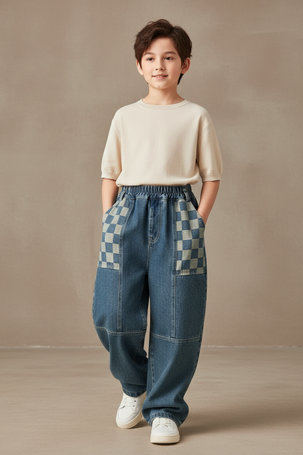 Pantalon Baggy Jean Denim Carreaux Décontracté Garçon - Bleu