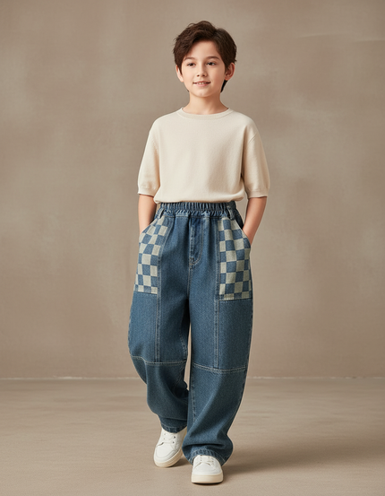 Pantalon Baggy Jean Denim Carreaux Décontracté Garçon - Bleu