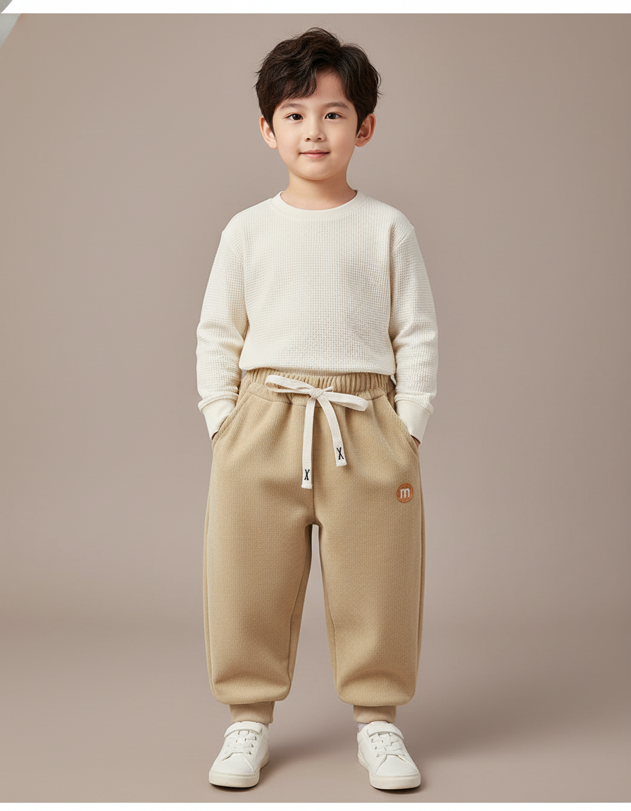 Pantalon Baggy Beige Molletonné Ample Décontracté Enfant